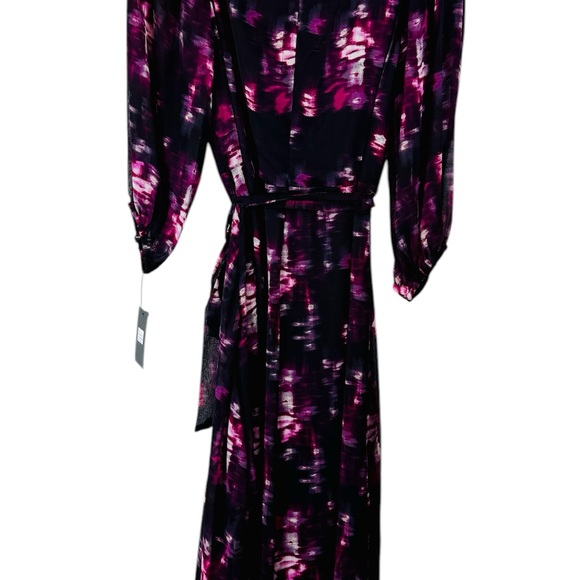 NWT DKNY Black Floral Wrap Mock Wrap Midi Dress Size 6 Sheer Long Sleeve - Picture 2 of 12